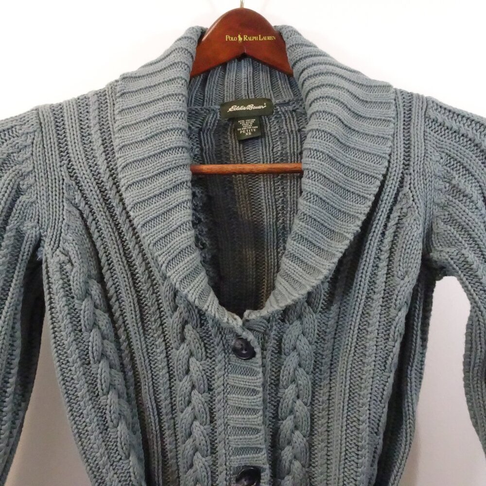 Eddie Bauer Cotton Cable Knit Belted Cardigan Sweater XS Petite Gray Green Vtg - Picture 2 of 6
